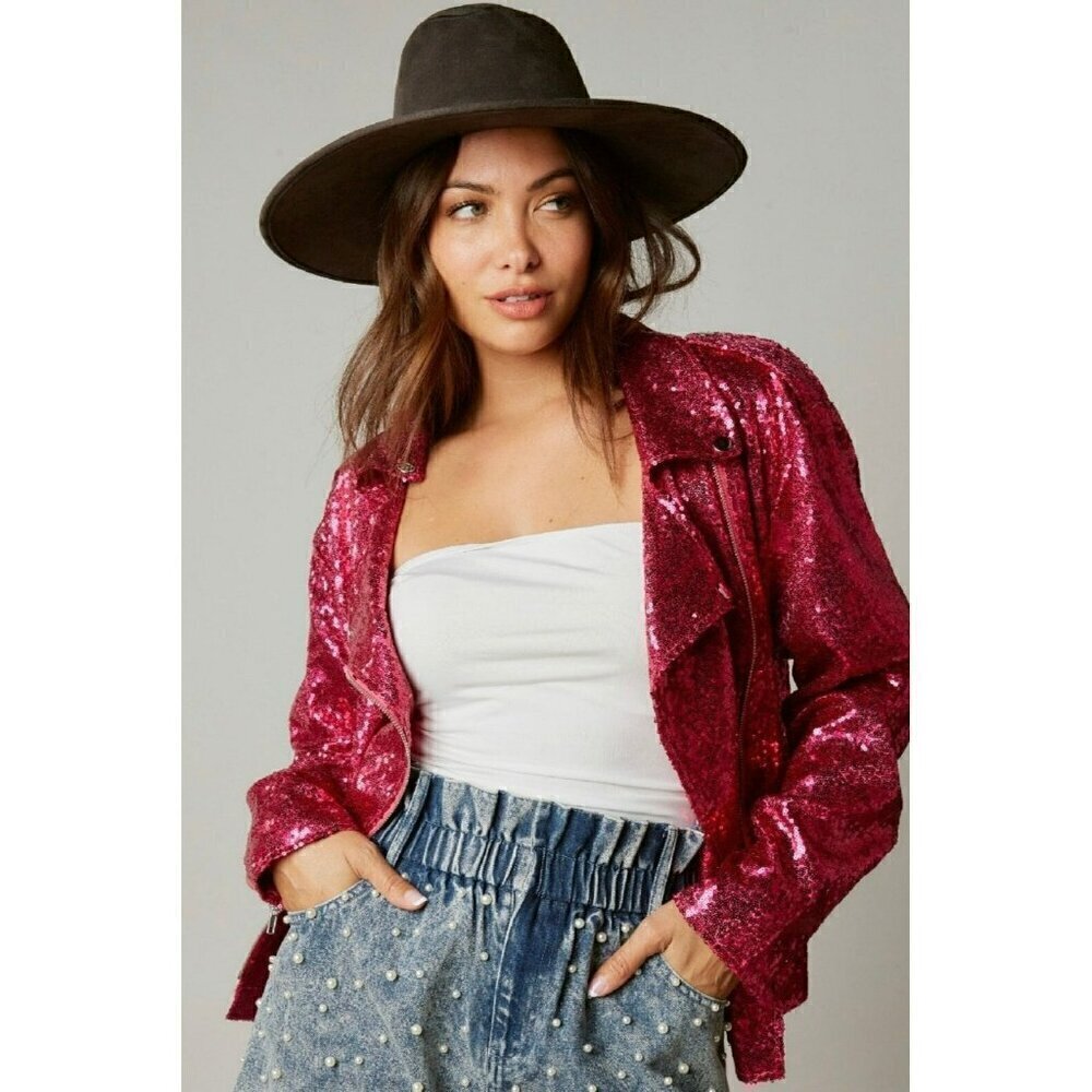 Make Way for Sequin Moto Jacket in Fuchsia - Picture 5 of 11